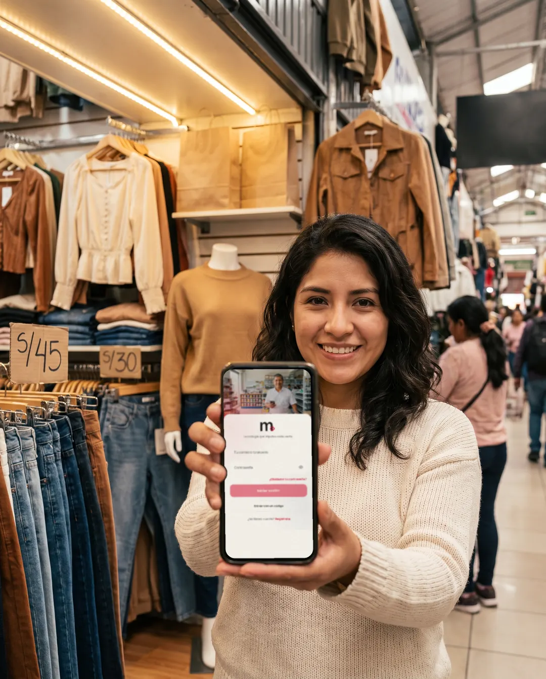 Vendedora de un puesto de ropa en una galería muestra Musuq en su celular.